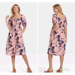Universal Thread Small Navy Blue Pink Peach Dress Cotton Pockets Puff Sleeves